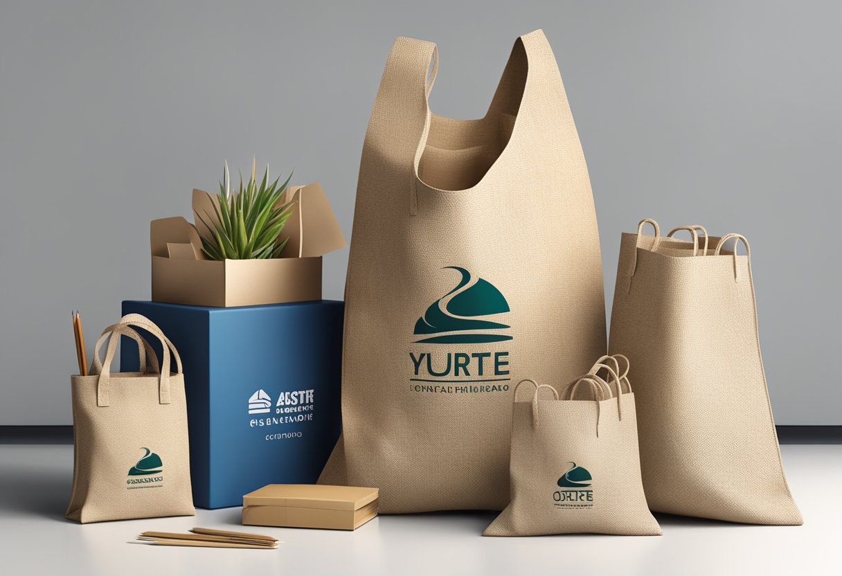 A stack of branded jute bags sits on a table, surrounded by office supplies and a company logo