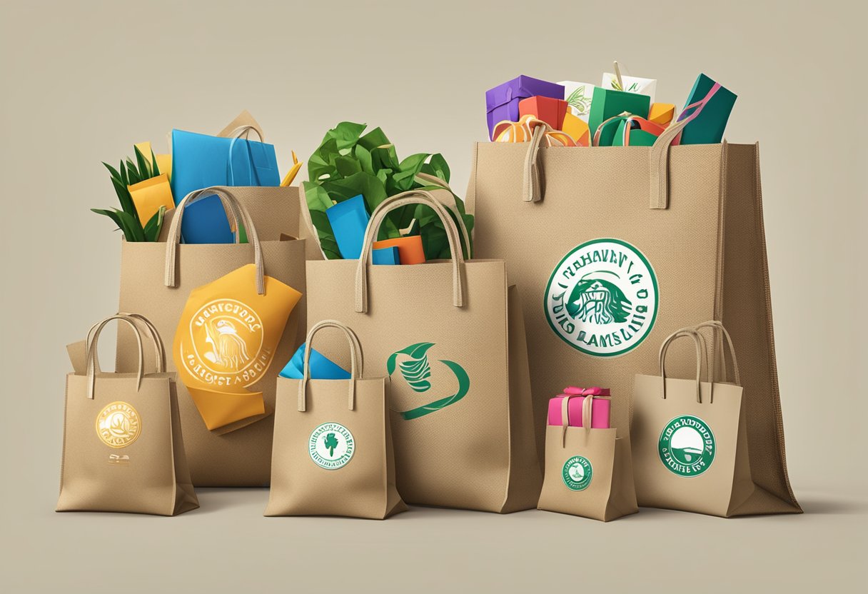A group of jute bags with company logos, arranged on a table with a variety of corporate gifts spilling out of them