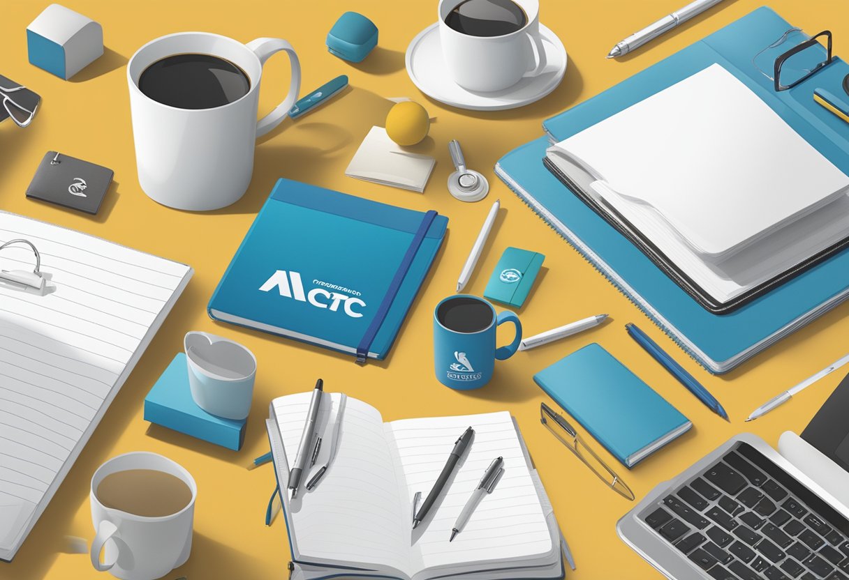 A table filled with branded gifts and promotional items, including mugs, pens, and notebooks, with a logo prominently displayed on each item