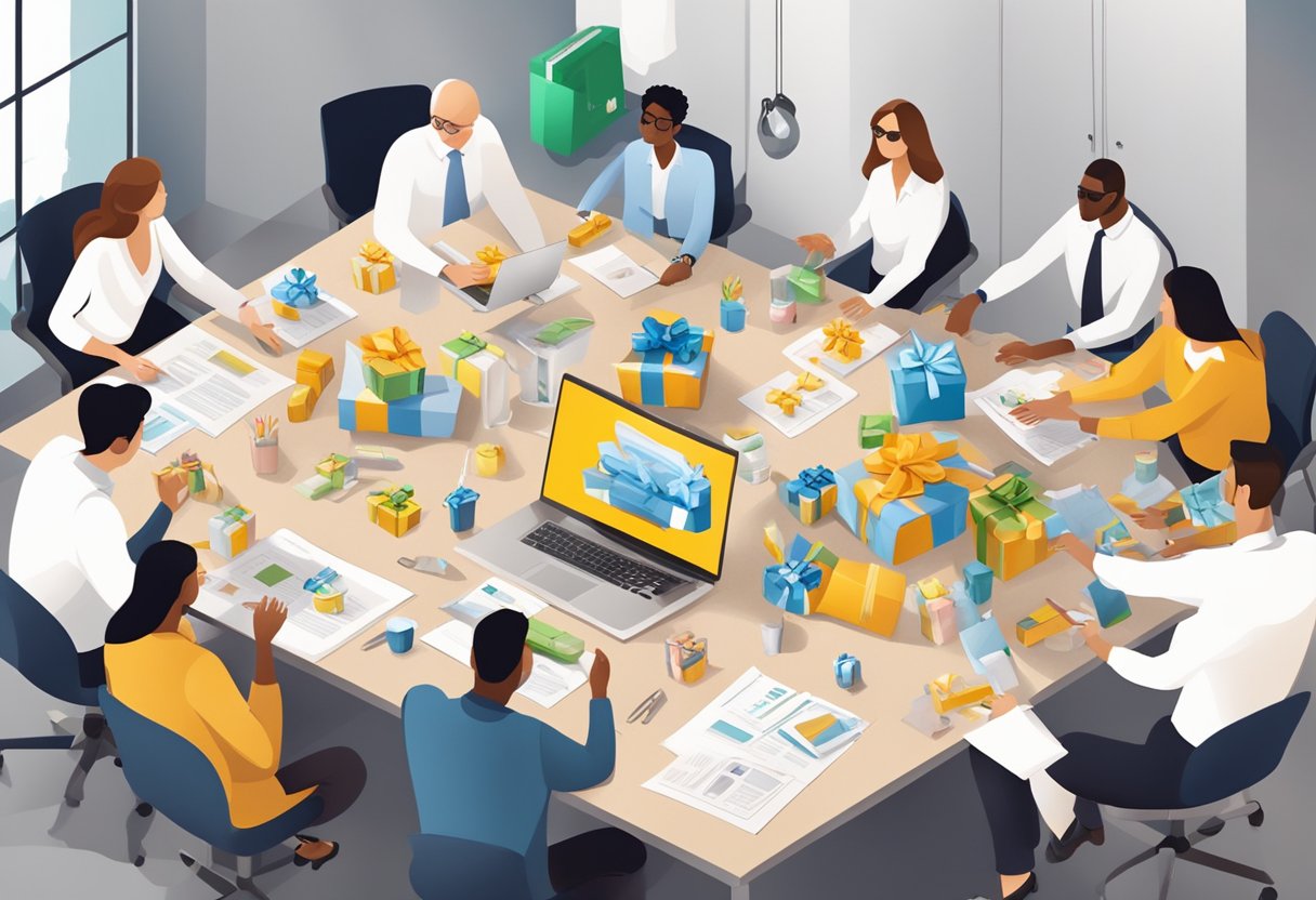 A table adorned with branded gift items, surrounded by happy employees and clients