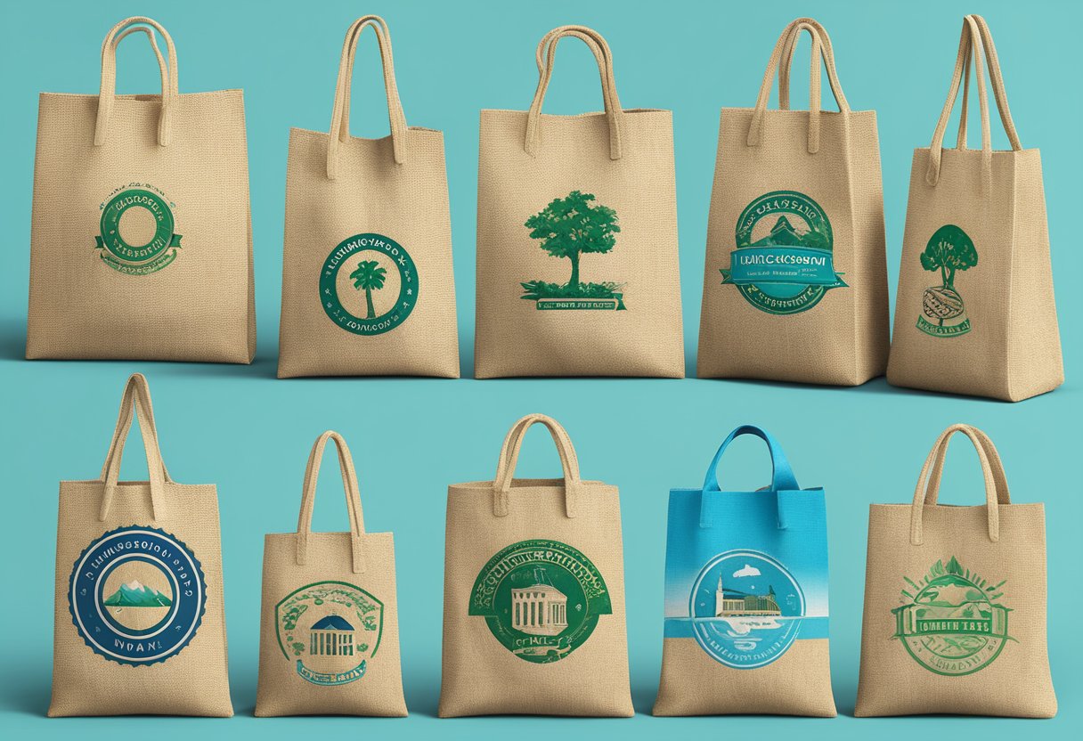 A variety of jute bags displayed with different customization options such as logos, colors, and designs for corporate gifting