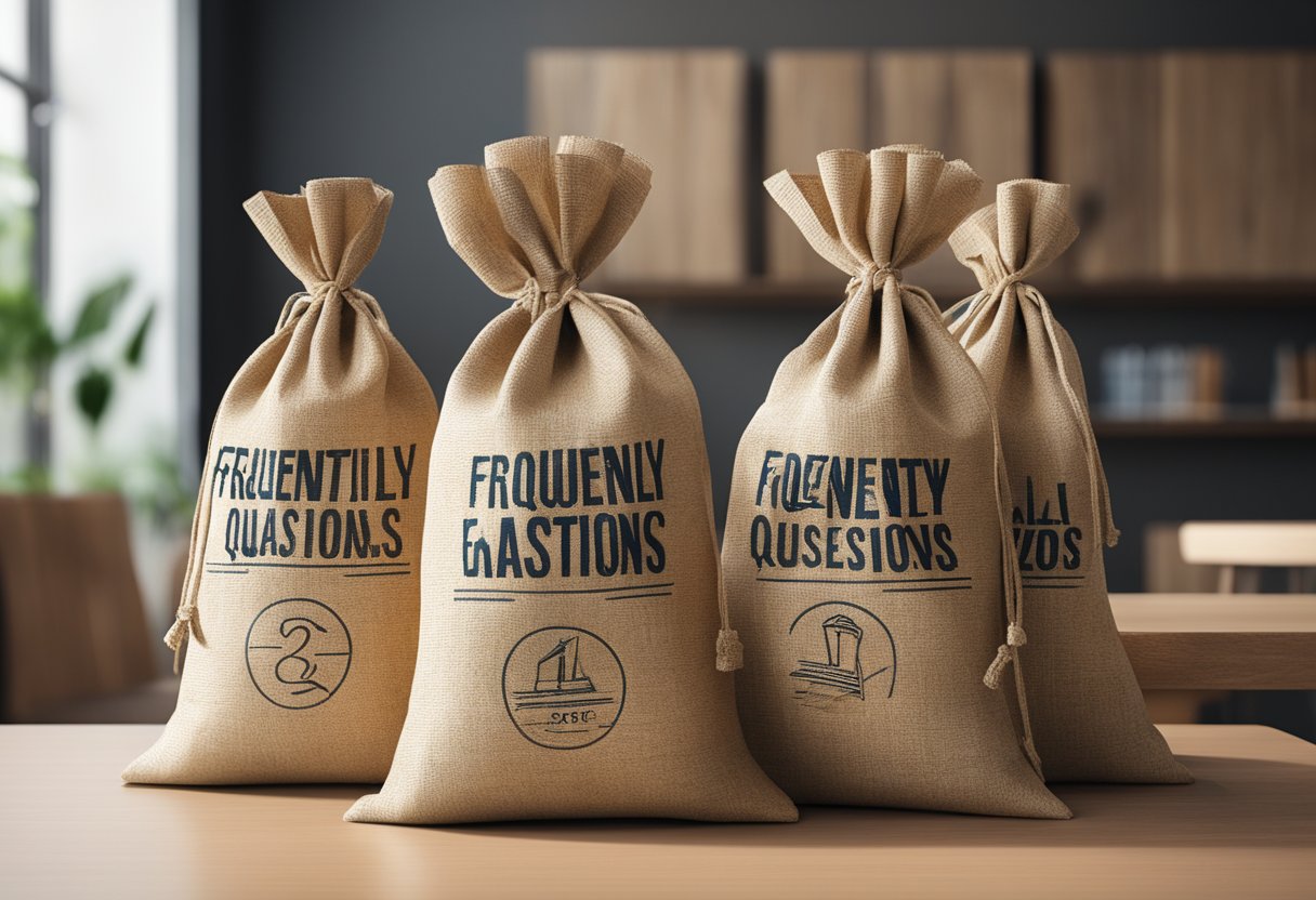 A stack of jute bags with "Frequently Asked Questions" printed on them, arranged neatly on a table with corporate logos in the background