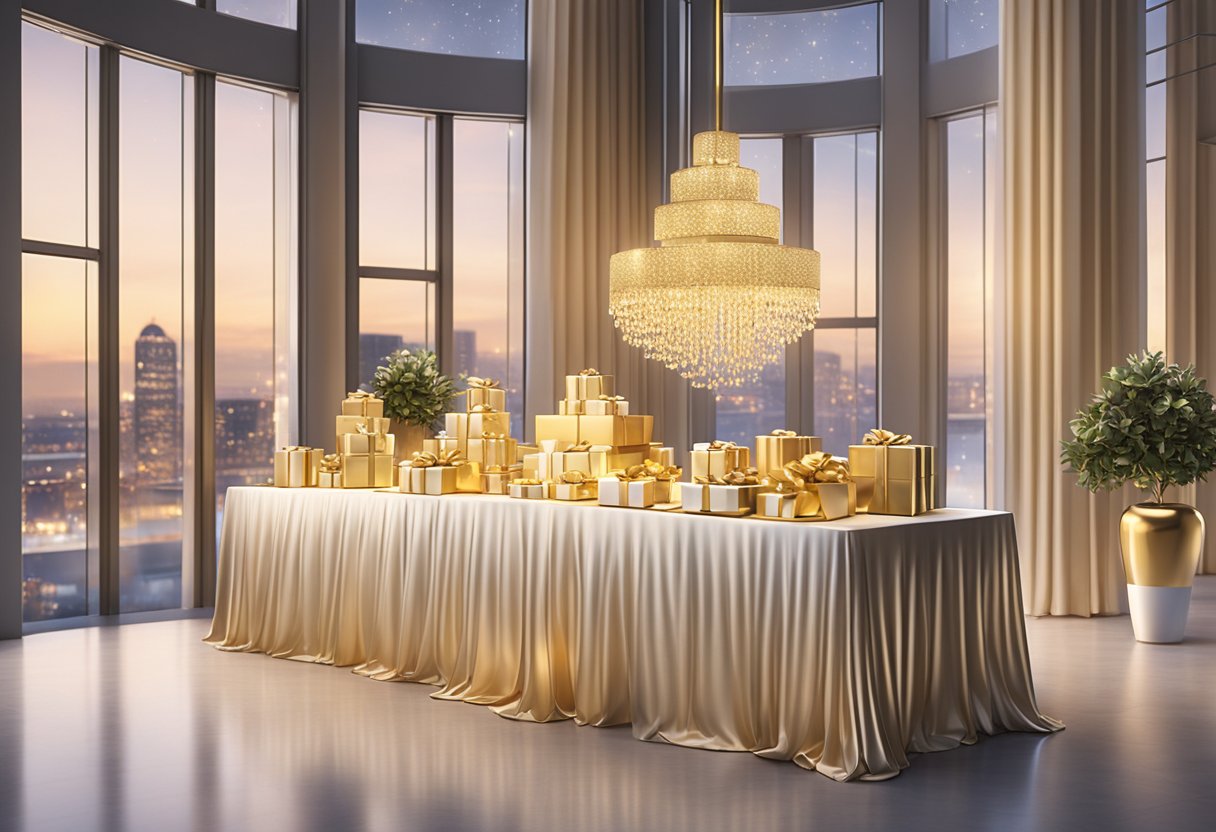 A table adorned with gold plated corporate gifts shimmering under the soft glow of overhead lights
