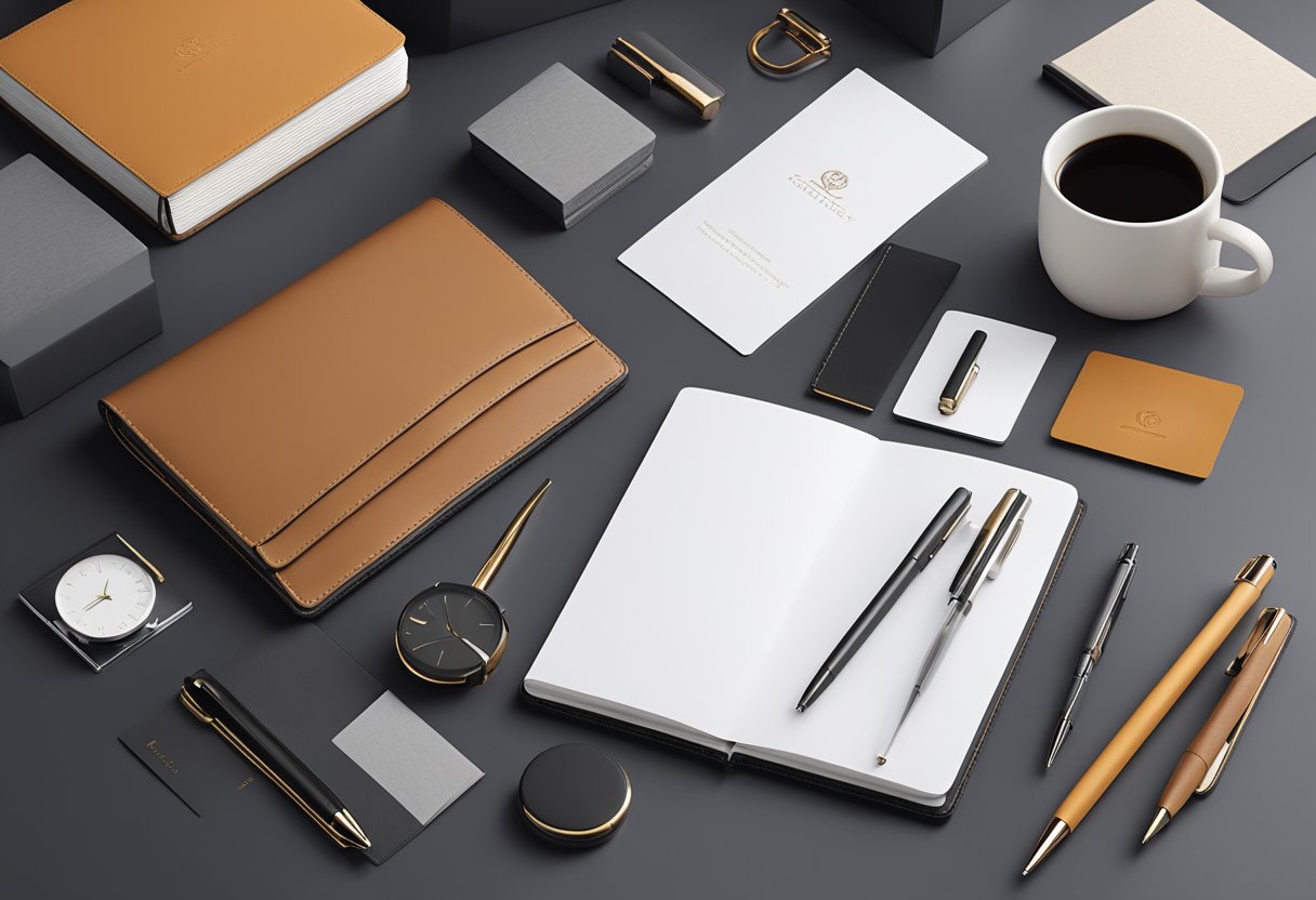 A table displaying elegant, branded corporate gifts: leather notebooks, sleek pens, and polished business card holders. The gifts are arranged neatly with a backdrop of a modern office setting
