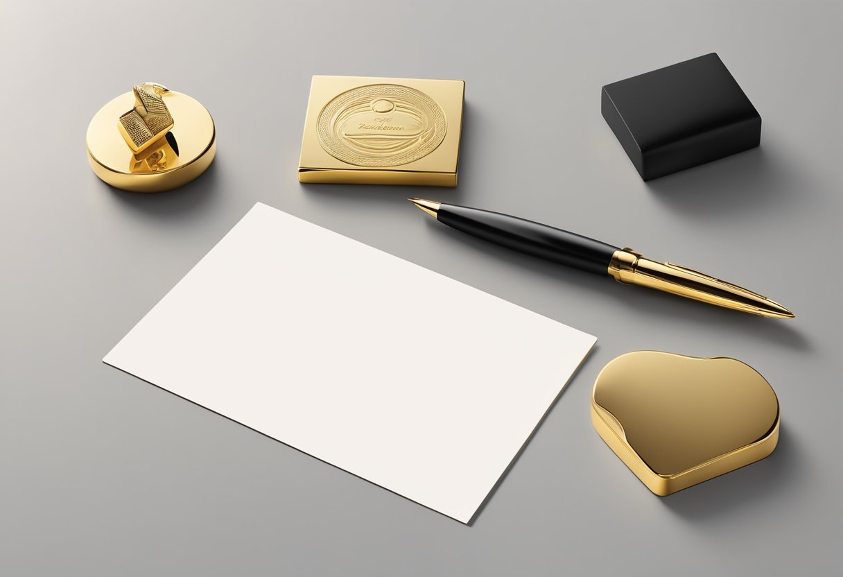 A luxurious gold-plated pen and business card holder sit on a sleek desk, symbolizing prestige and success in corporate culture