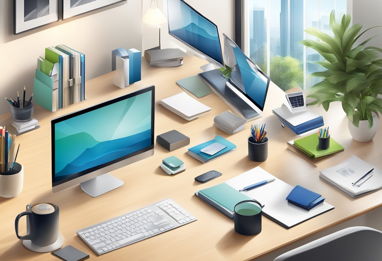 A sleek, modern office desk adorned with elegant, high-quality corporate gifts displayed in an organized and professional manner