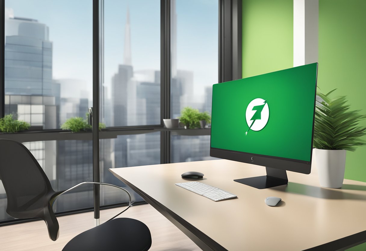 A green arrow corporate gift displayed on a sleek desk with a modern office backdrop