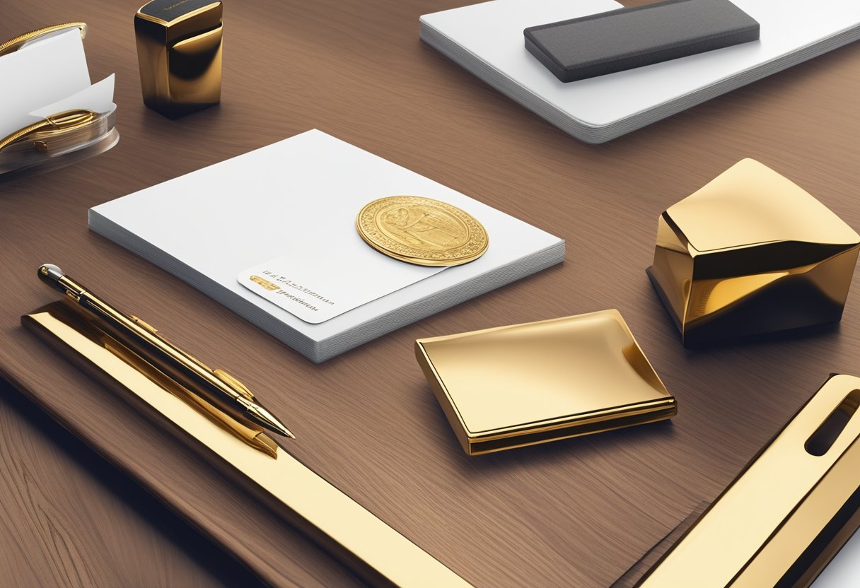 A hand reaches for a luxurious gold-plated pen and a sleek business card holder on a polished wooden desk