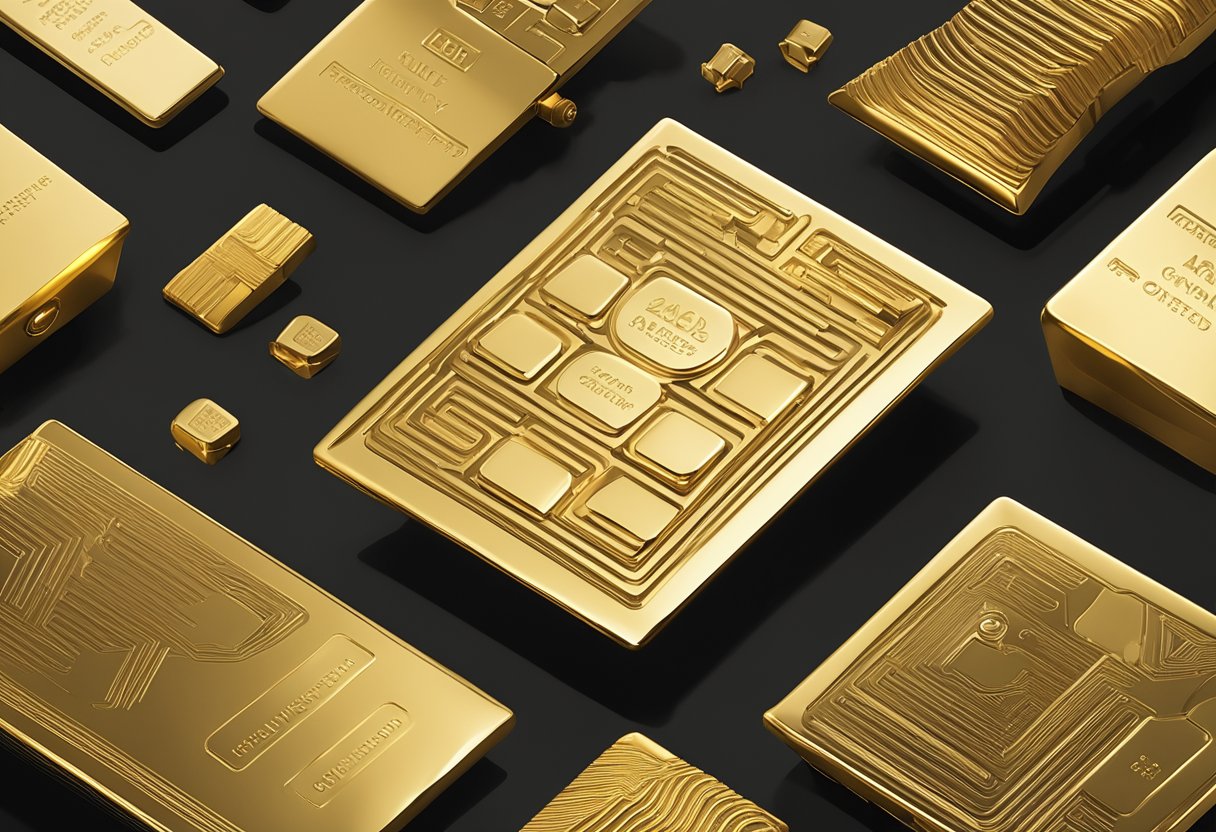 A stack of gold plated corporate gifts displayed on a sleek black table with the words "Frequently Asked Questions" engraved on each item