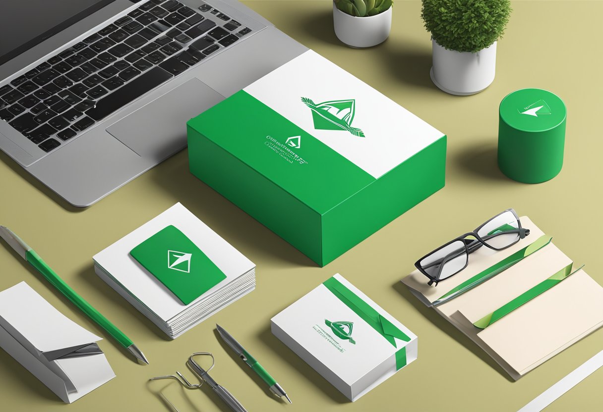 A green arrow corporate gift box sits on a sleek desk, surrounded by office supplies and a laptop