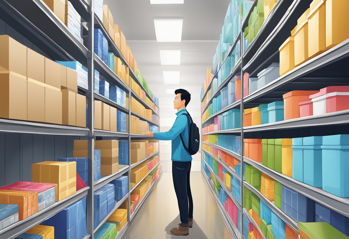 Daniel Ng stands among shelves of corporate gifts, organizing wholesale orders