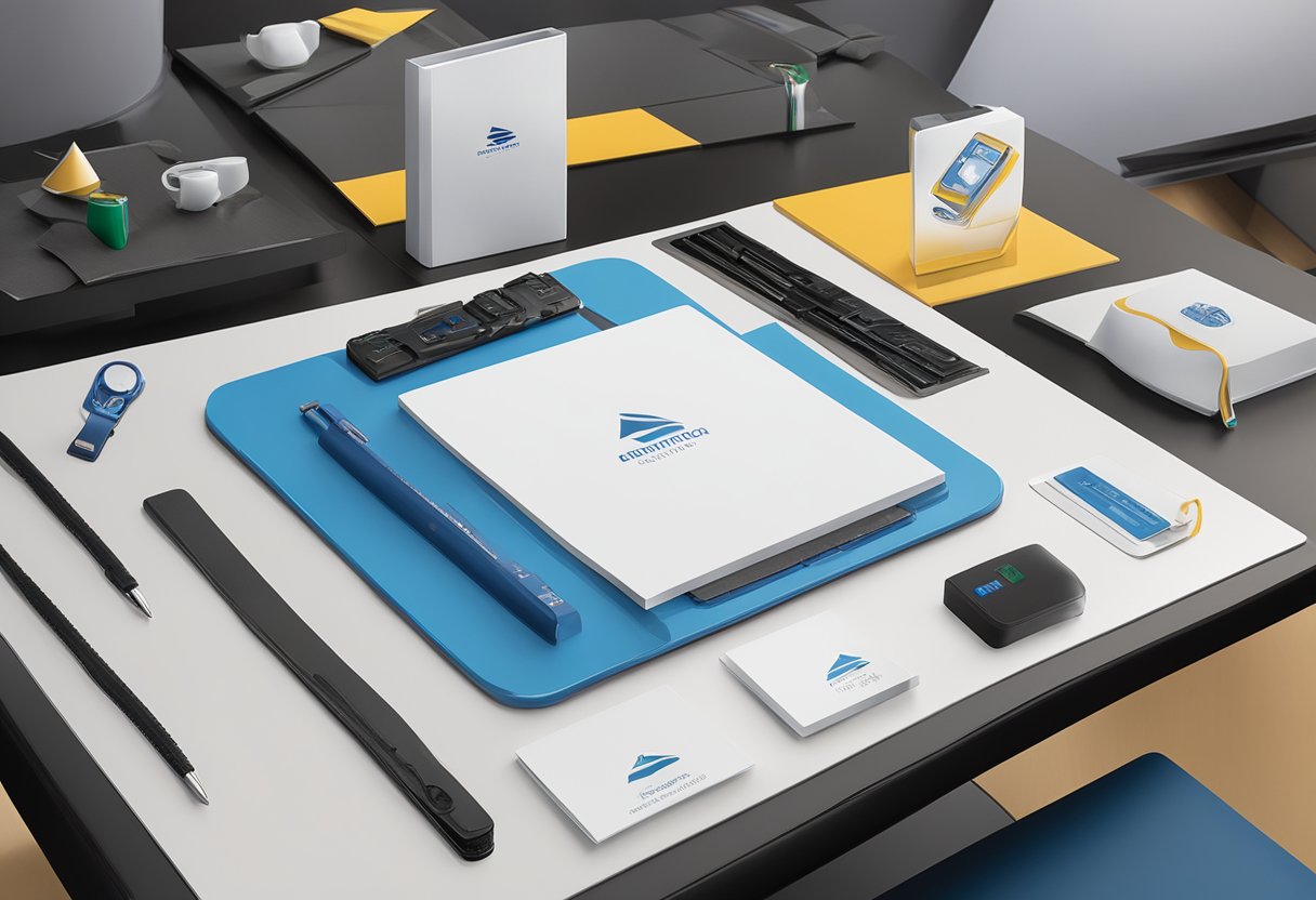 A table with branded items, a logo being engraved onto a gift, and a display of customized corporate gifts