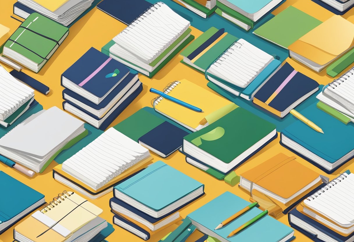 A table with custom made notebooks scattered on top, each with unique designs and colors