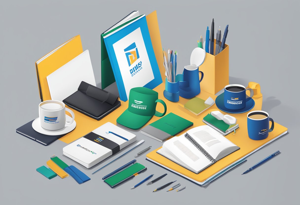 A table filled with branded corporate gifts, including pens, notebooks, and mugs. A banner with the company's logo hangs in the background