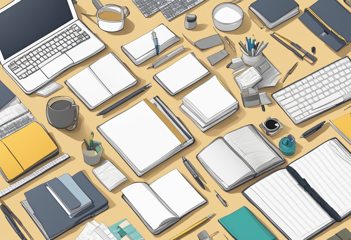 A table with various note book covers and design tools scattered around for customisation