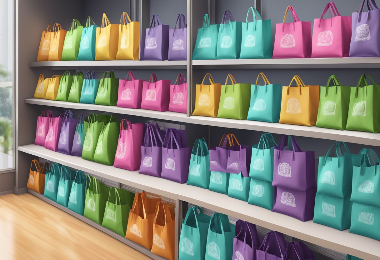 Multiple colorful reusable tote bags stacked in bulk on a store shelf