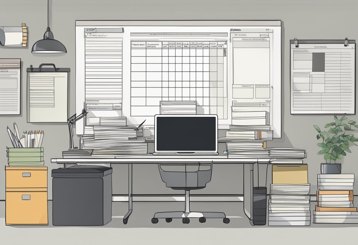 A desk cluttered with notepads, pens, and rulers. A computer screen displays an order form for custom-made notebooks. A production schedule hangs on the wall