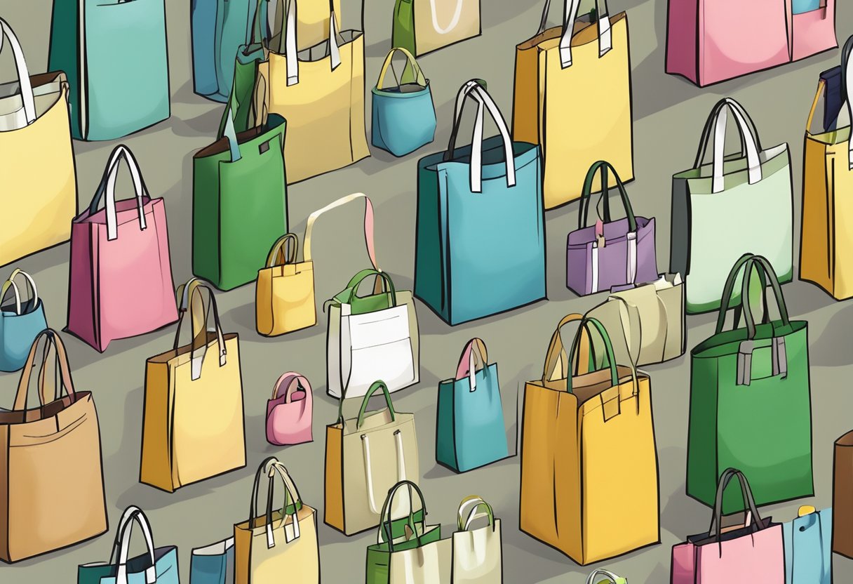 A display of various reusable tote bags in bulk, showcasing different sizes, colors, and materials, with a focus on eco-friendly and durable designs