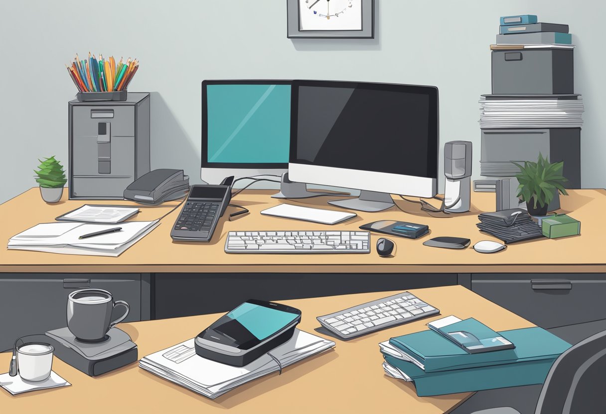 A busy office desk with a computer, phone, and stack of promotional products. A sign on the wall reads "Frequently Asked Questions - Daniel Ng Corporate Gifts Wholesale."