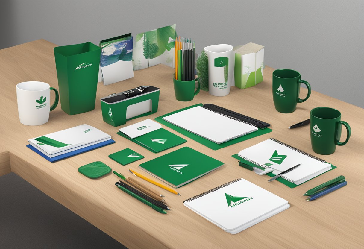A table displays various corporate gift options with the Green Arrow logo. Items include mugs, pens, and notebooks