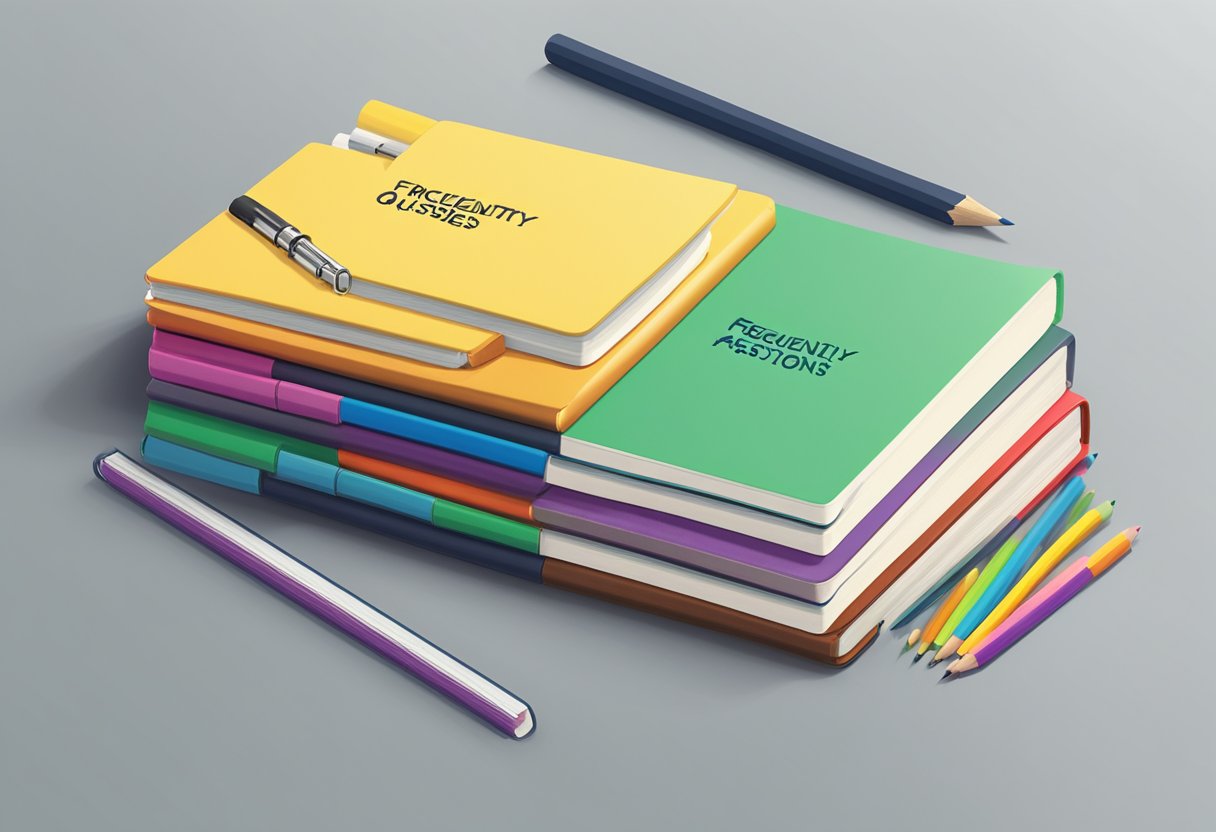 A stack of custom-made notebooks with "Frequently Asked Questions" printed on the cover, surrounded by pencils and open pages
