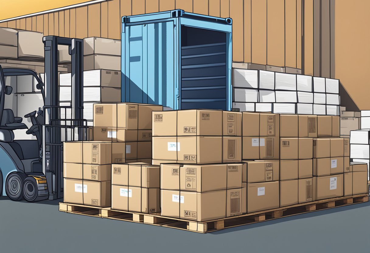 A stack of reusable tote bags being loaded onto a shipping pallet, with a computer screen displaying purchasing and shipping information in the background