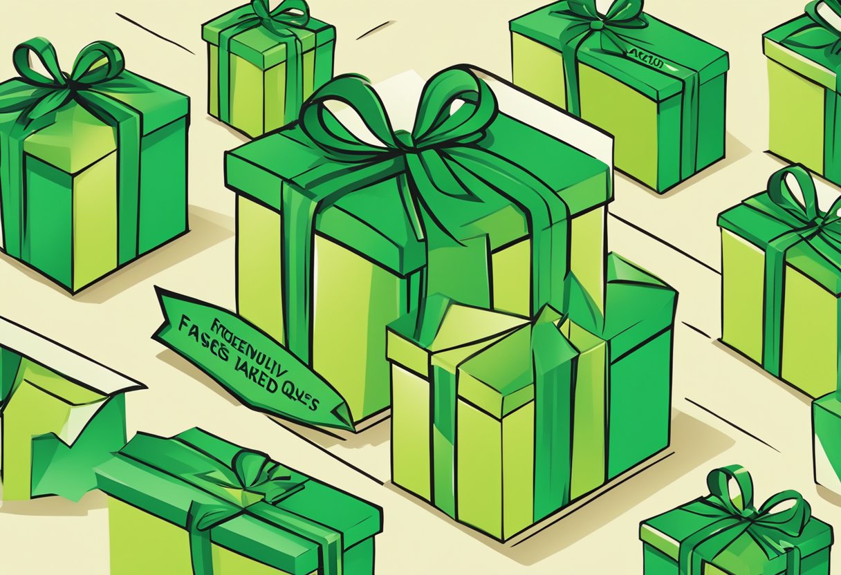 A green arrow pointing to "Frequently Asked Questions" text on a corporate gift box