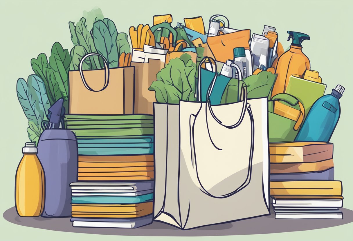 A stack of reusable tote bags with "Frequently Asked Questions" printed on them, surrounded by other bulk items