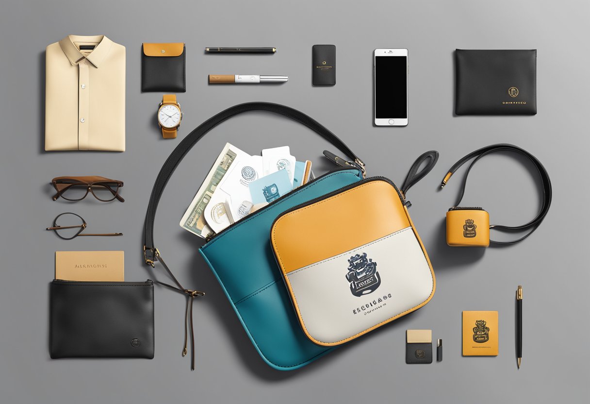 A sleek leather pouch with premium branded corporate gifts displayed neatly inside