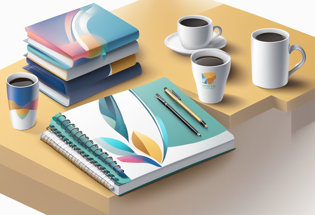 A table with branded mugs, notebooks, and pens. A banner with the company logo. A stack of gift boxes
