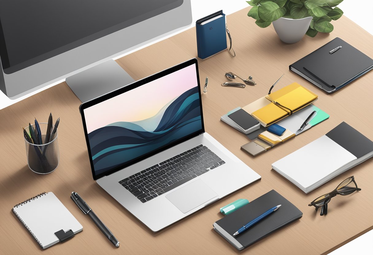 A table adorned with a variety of elegant and professional corporate gifts, such as branded notebooks, high-quality pens, and sleek tech gadgets