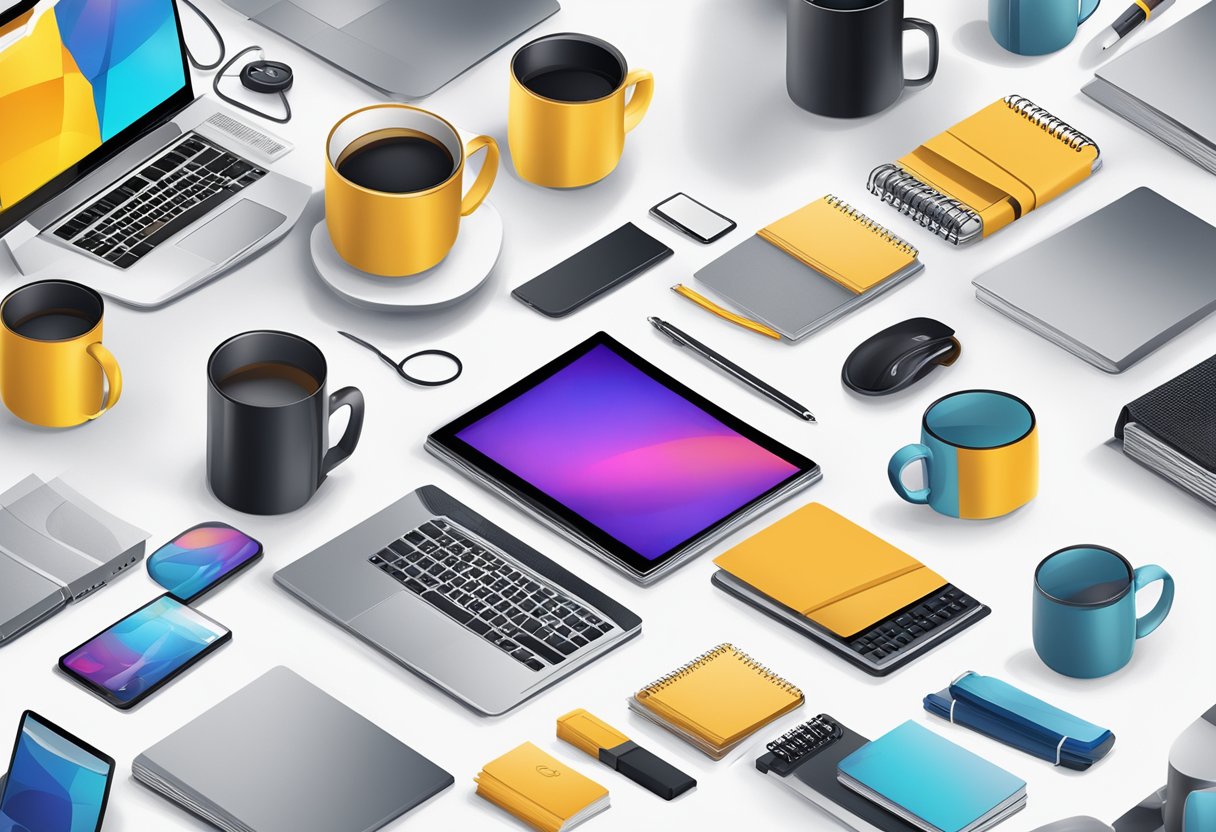 A table covered in branded merchandise: mugs, notebooks, and tech gadgets. A banner with the company logo hangs in the background