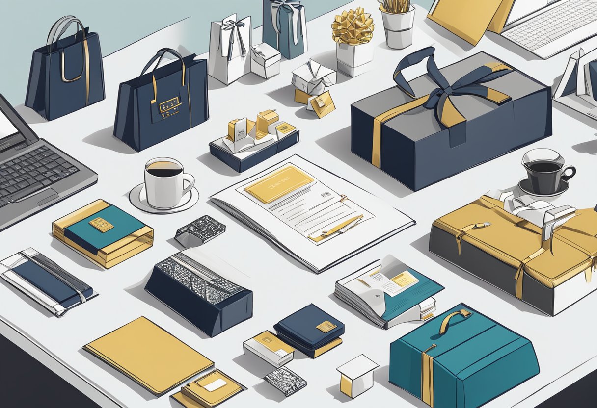 A table with various corporate gifts displayed, including branded items and luxury products. A sign reads "Frequently Asked Questions about good corporate gifts."