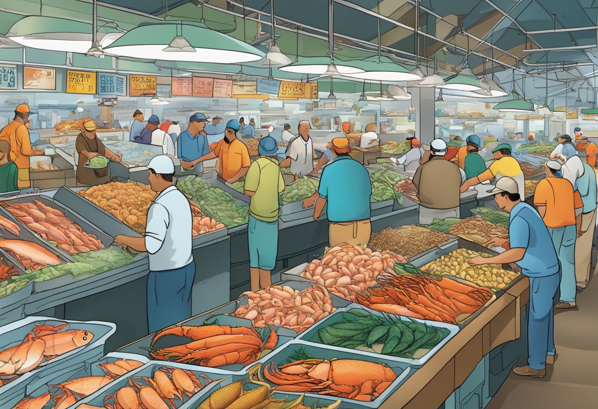 A bustling seafood market with colorful displays of fresh fish, crabs, and lobsters. Customers browse the aisles, while vendors call out their daily catch