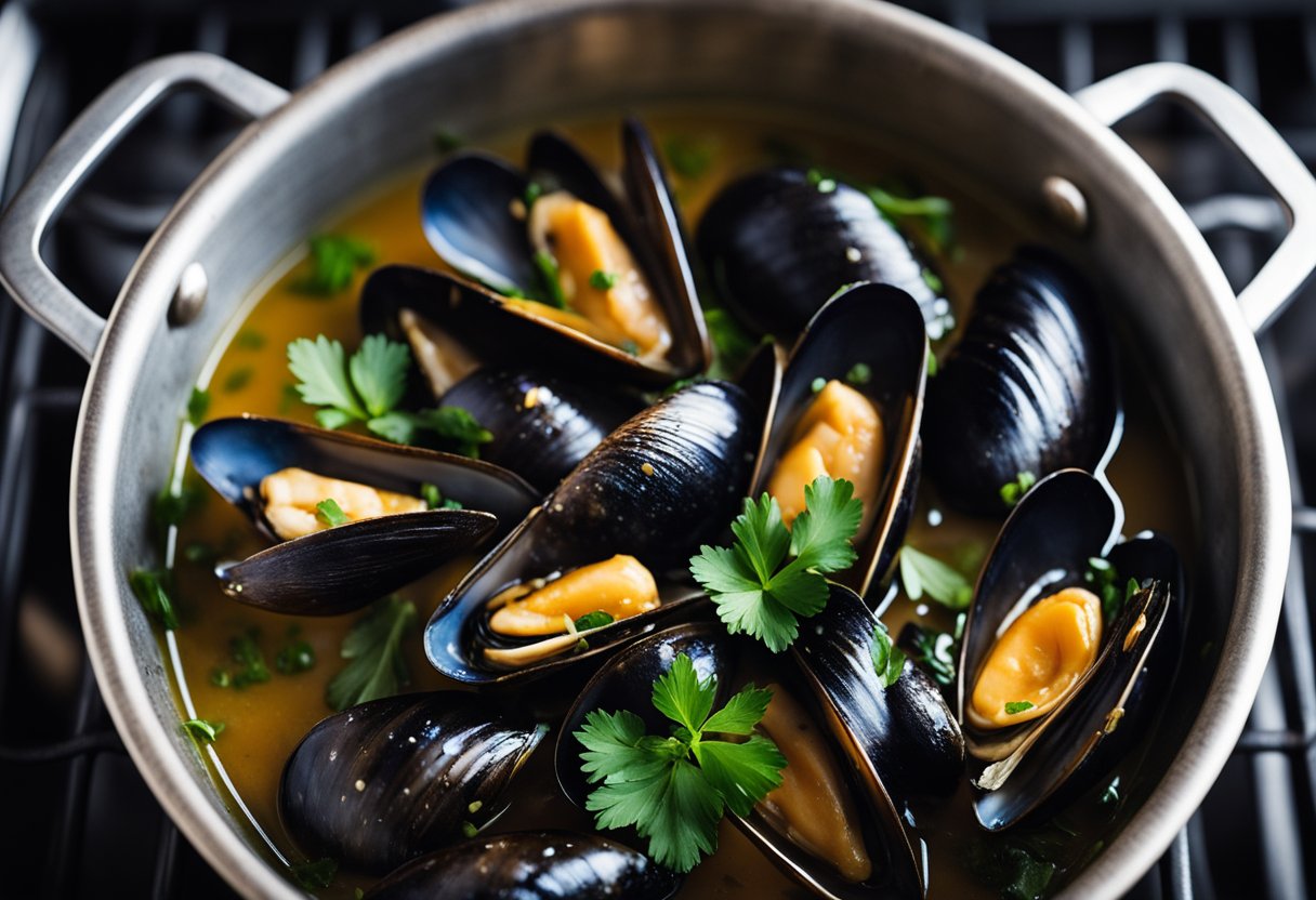 Mussels simmer in a savory broth with garlic, white wine, and fresh herbs in a large pot on a stove