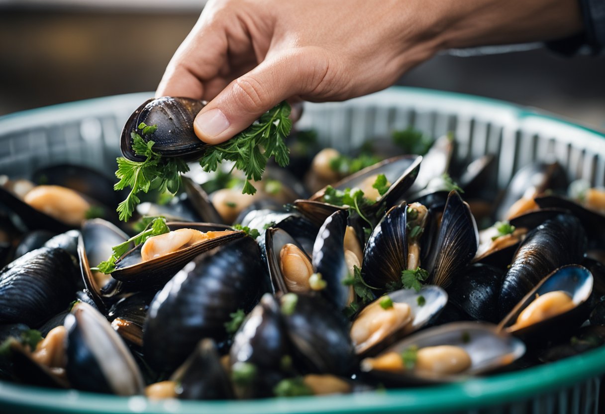 A hand reaches into a mesh bag of fresh mussels, rinsing them under running water. The mussels are then debearded and cleaned, ready for cooking