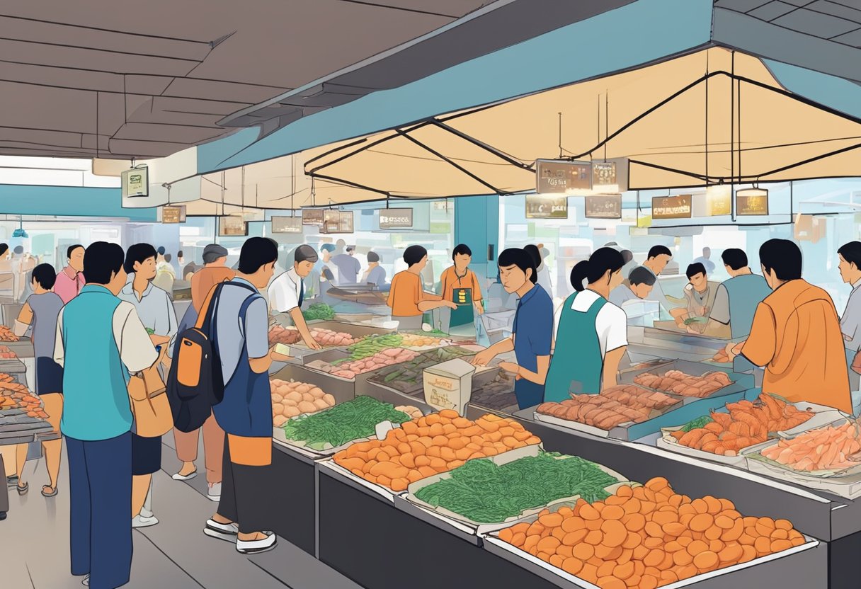 A bustling seafood market at Fajar Shopping Centre, Singapore, with customers browsing and vendors answering frequently asked questions