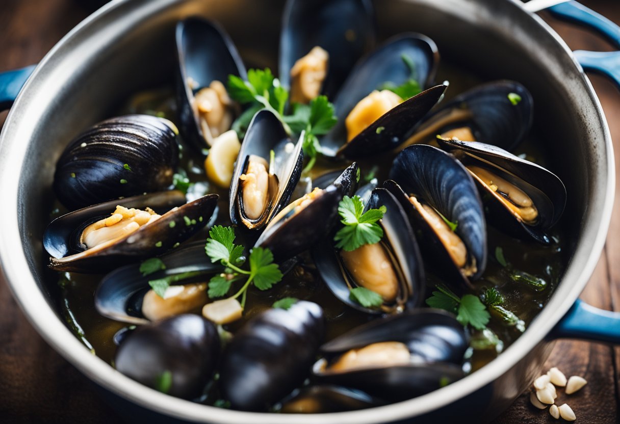 Mussels sizzling in a pot with garlic, white wine, and herbs