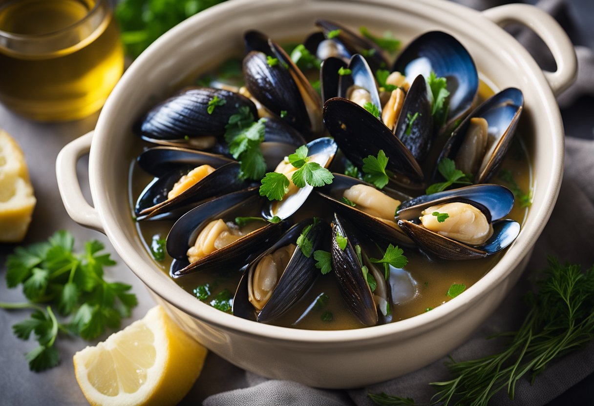 A pot of steaming mussels in a white wine and garlic broth, surrounded by crusty bread and fresh herbs