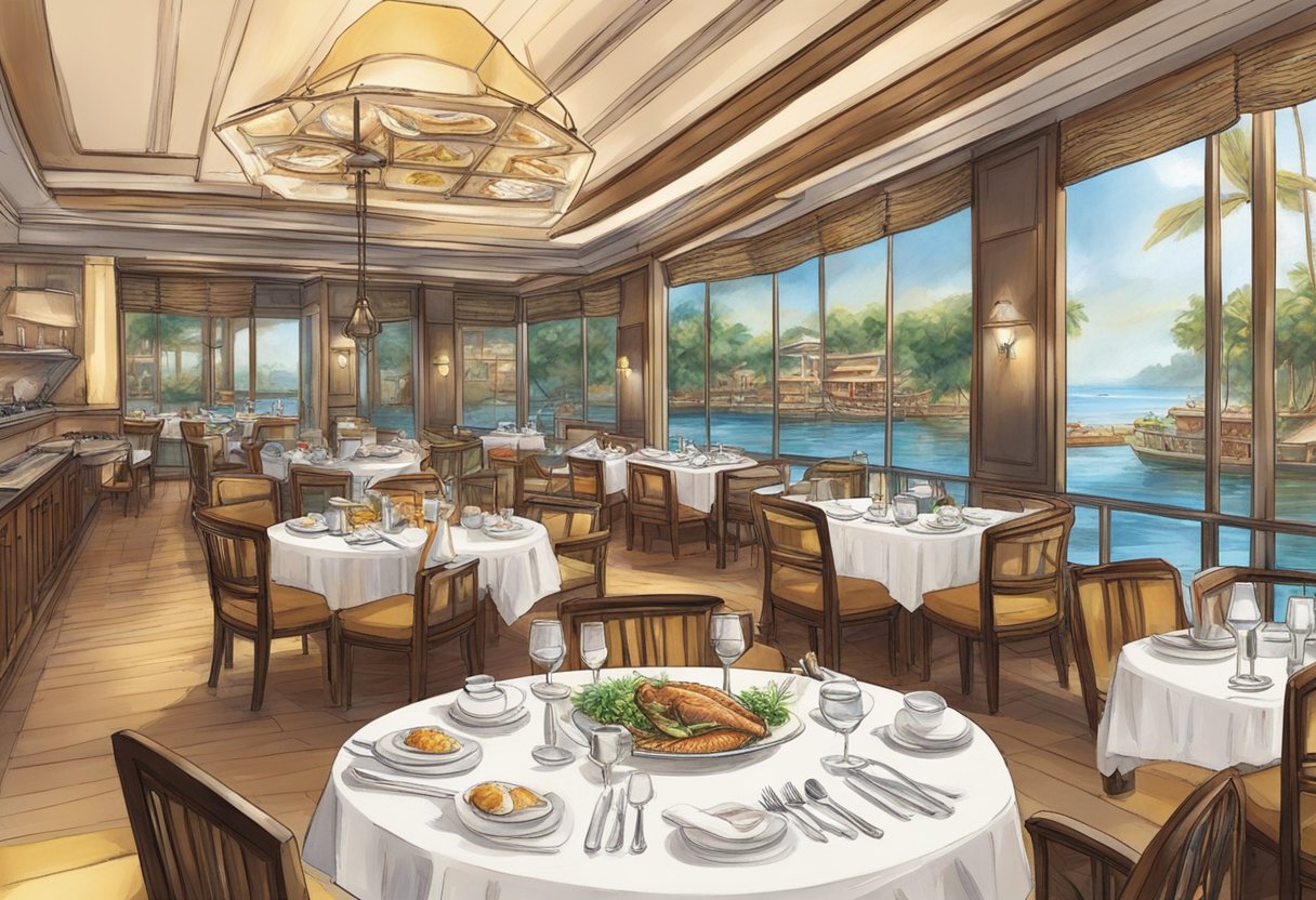 The restaurant is filled with the aroma of sizzling grilled fish. Tables are adorned with elegant place settings and soft lighting creates a cozy ambiance. The chef expertly prepares the fish, creating a captivating culinary scene