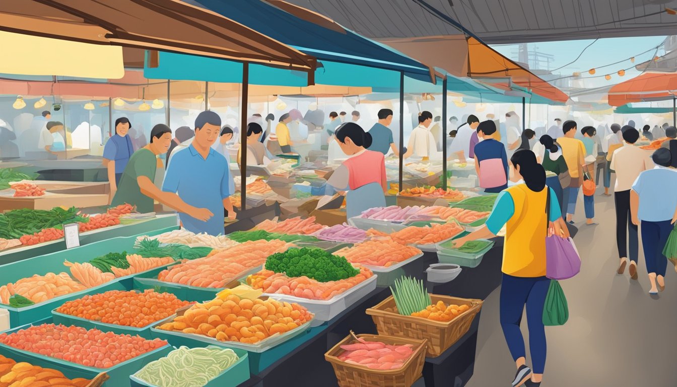 A bustling seafood market in Toh Yi, Singapore, with colorful displays of ocean delicacies and bustling activity