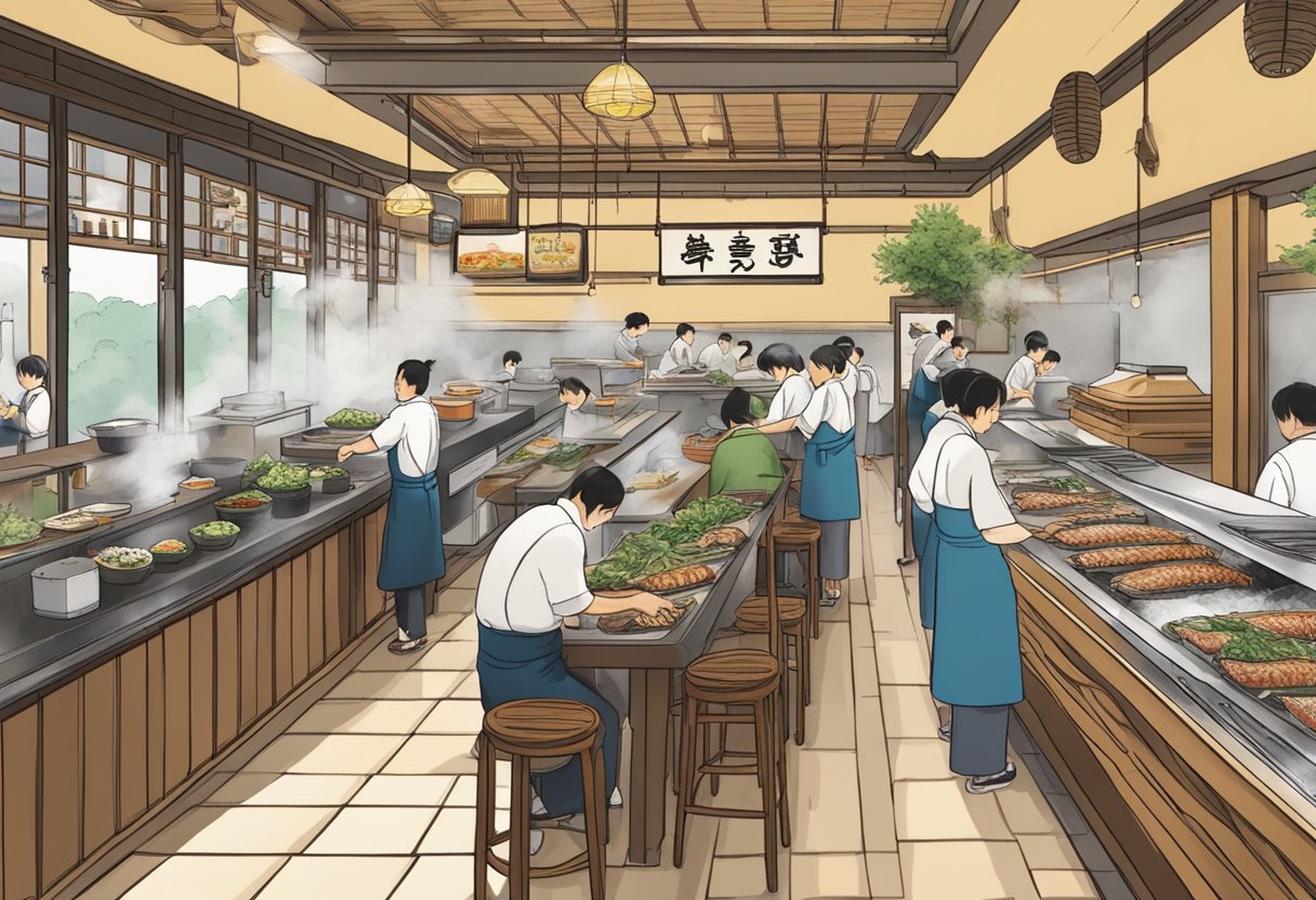 A bustling restaurant with a sign reading "Nakajima Suisan Grilled Fish." Customers line up at the counter, while chefs grill fish over an open flame. Steam rises from the sizzling seafood, filling the air with a savory aroma