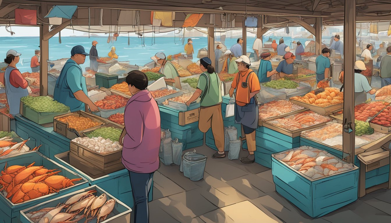 A bustling seafood market with colorful displays of fresh fish, crab, and lobster. The air is filled with the aroma of salty sea air and the sound of vendors calling out their wares