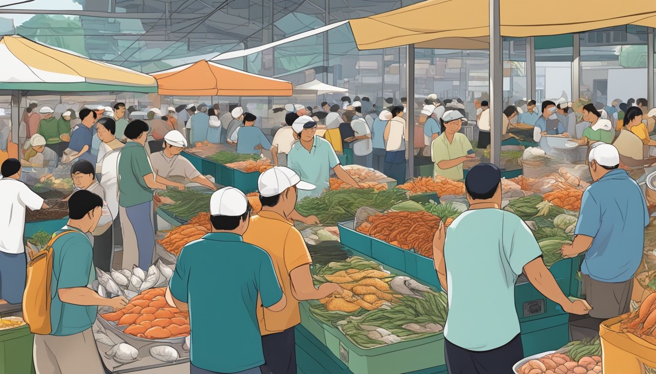 A bustling seafood market with fresh catches on display, surrounded by busy vendors and customers in Toh Yi, Singapore