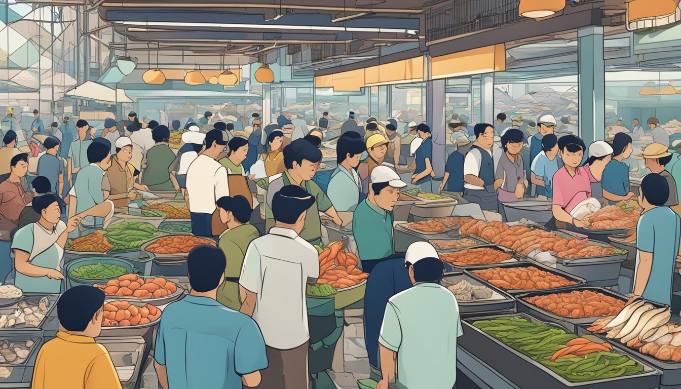 A bustling seafood market at Toh Yi, Singapore with customers asking questions about ocean seafood
