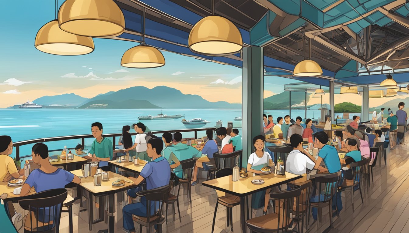 A bustling ocean seafood restaurant with diners enjoying fresh catches and scenic views of Kota Kinabalu, Singapore