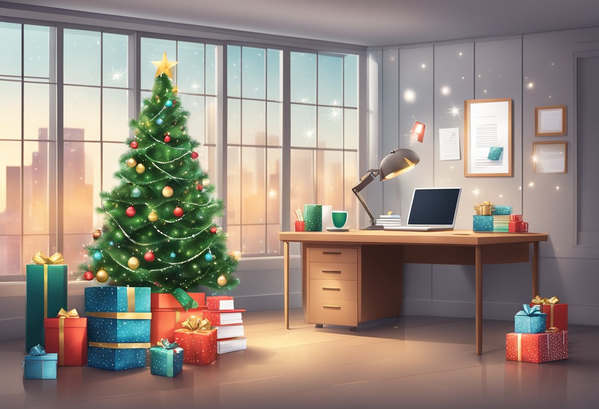 A festive office with a decorated Christmas tree, twinkling lights, and a stack of holiday cards for businesses on a desk