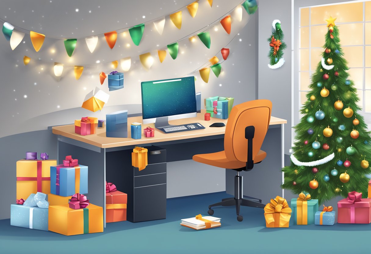 A festive office scene with a decorated desk, computer, and business logo on a holiday card design software