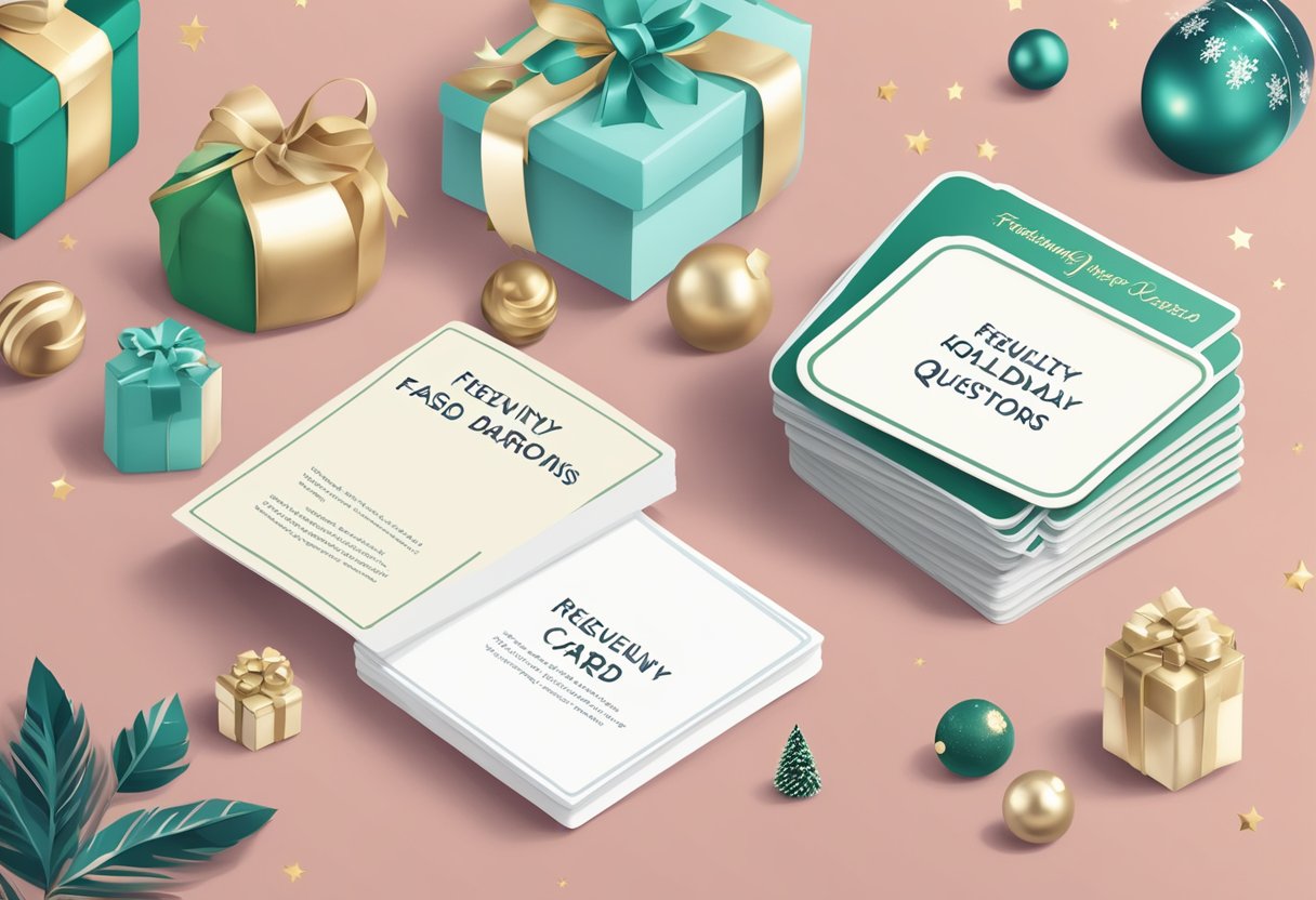 A festive holiday-themed background with a stack of business-themed FAQ cards and a banner reading "Frequently Asked Questions holiday cards for businesses."
