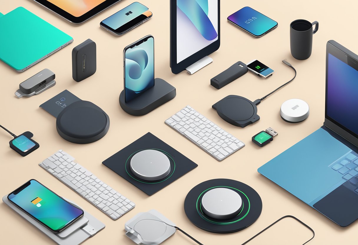 A group of digital corporate gifts, such as branded USB drives and wireless chargers, arranged neatly on a sleek, modern desk